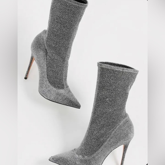 Schutz Mislane Sock Boots, Metallic Pointed Toe Fitted Stiletto, Black/Silver - Picture 6 of 7
